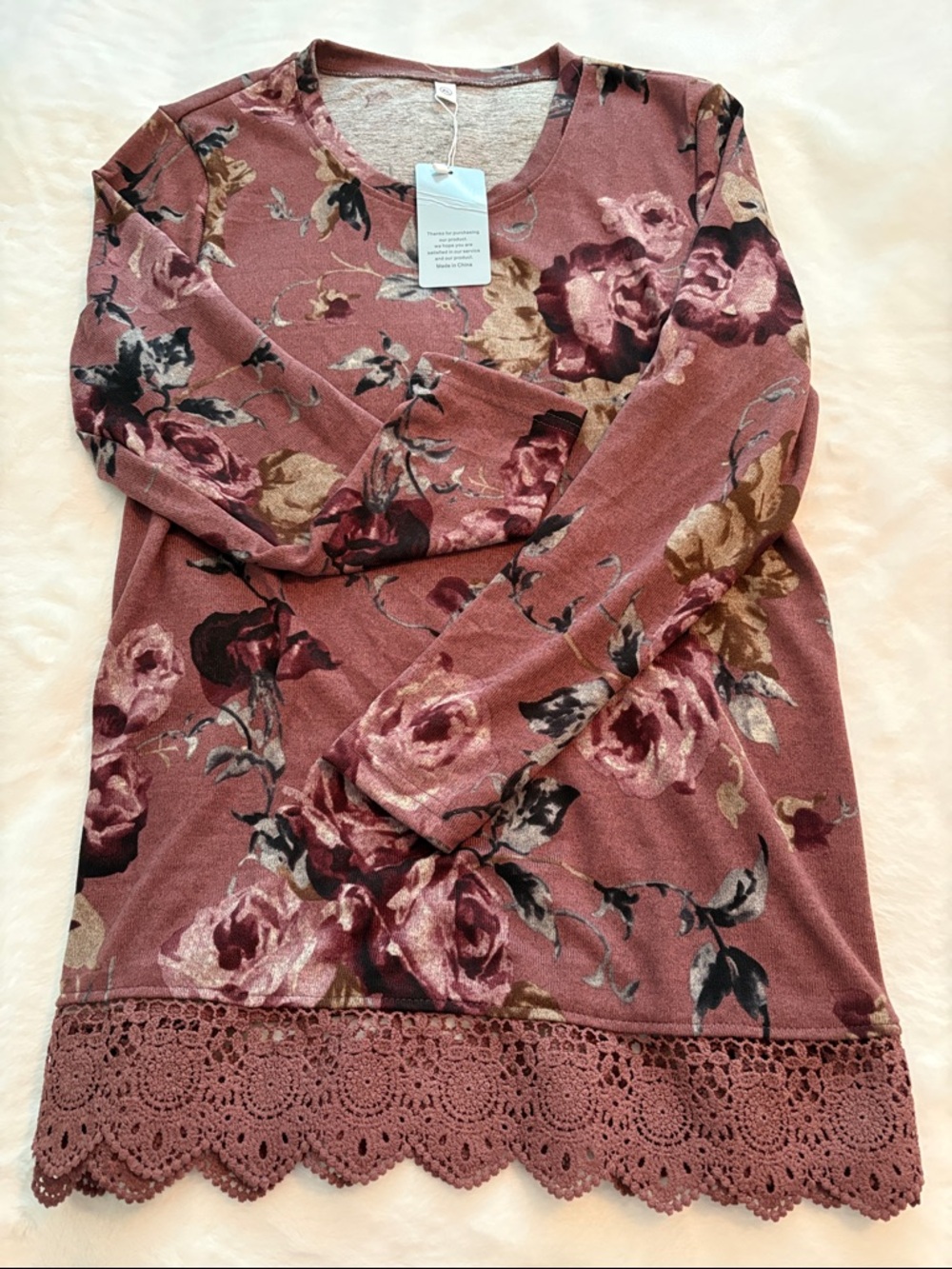 NWT Floral Lace-Hem Long Sleeve Top - Dusty Rose XL